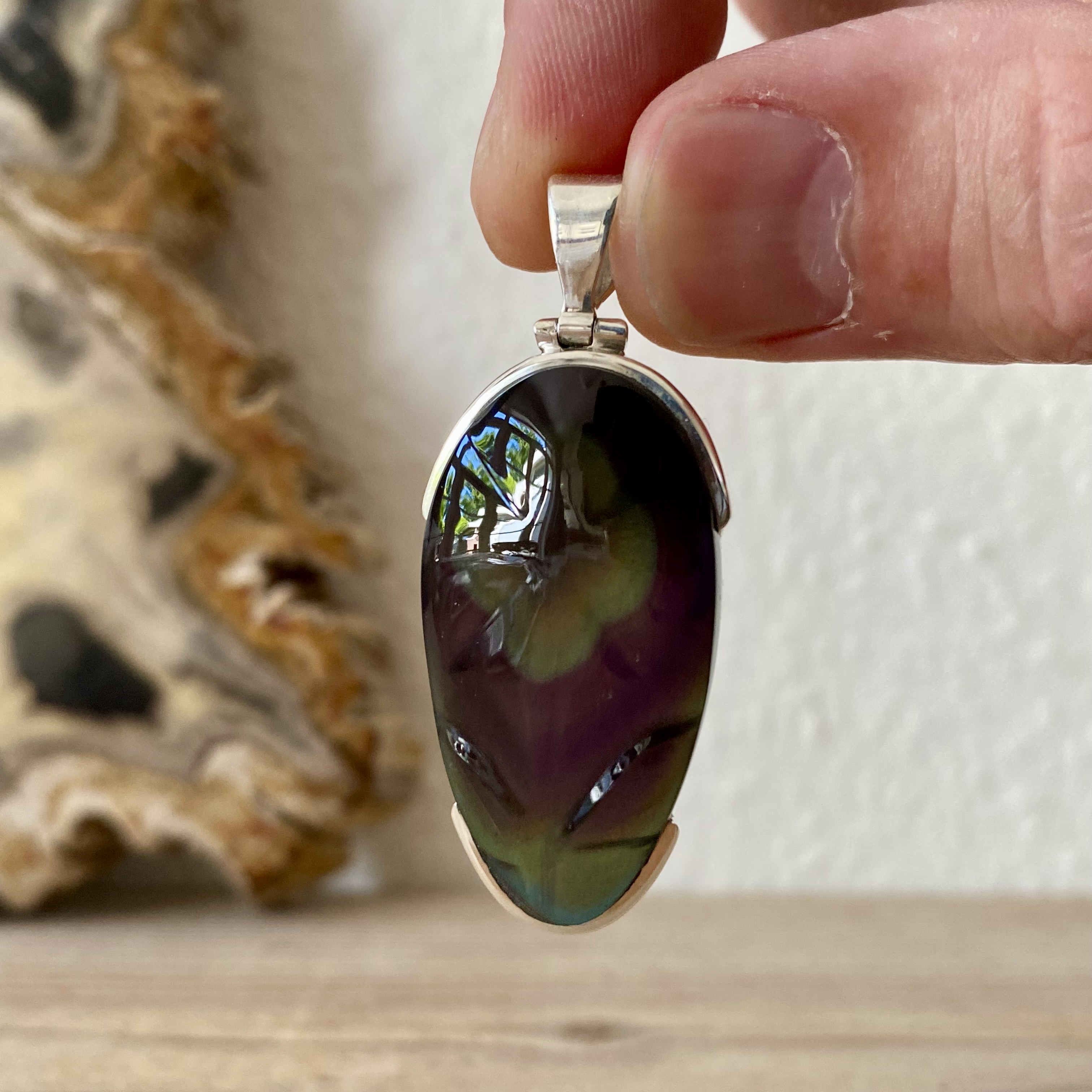 Hanger Regenboog Obsidiaan in sterling zilver ca. 21 x 41 mm