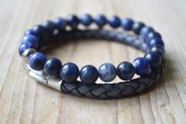 Armbandenset van 6 mm Vintage Donkerblauw gevlochten rundleer en 8 mm Sodaliet