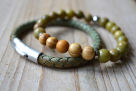 Armbandenset van 6 mm Vintage Mintgroen gevlochten rundleer en 8 mm Groen Opaal en Palo Santo