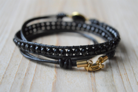 3-Wraparmband met 4 mm facet Onyx en verguld sterling zilveren tussenstuk Onyx