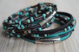 Leather 3-Wraparmband Black/Turquoise