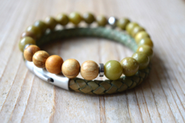 Armbandenset van 6 mm Vintage Mintgroen gevlochten rundleer en 8 mm Groen Opaal en Palo Santo