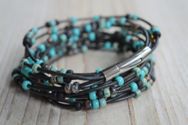 Leather 3-Wraparmband Black/Turquoise