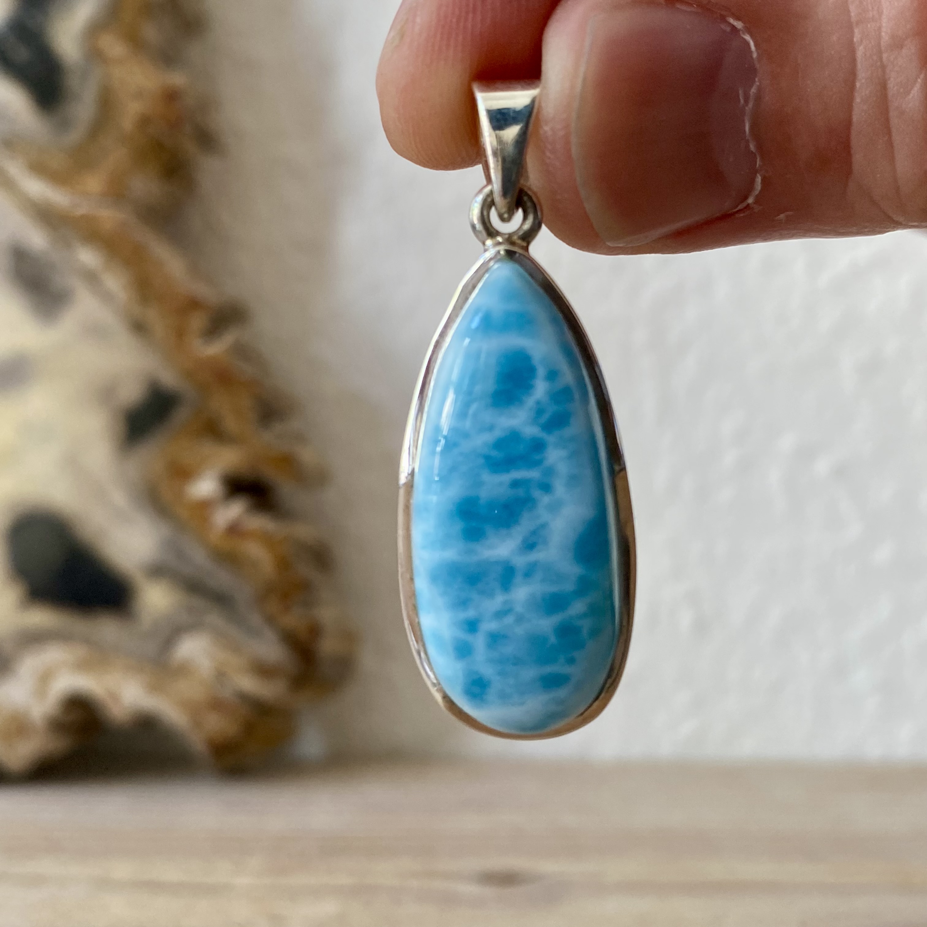 Hanger Larimar in sterling zilver ca. 16 x 38 mm