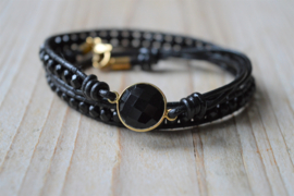 3-Wraparmband met 4 mm facet Onyx en verguld sterling zilveren tussenstuk Onyx