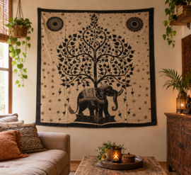 Groot mandala doek/kleed 210x215 cm levensboom met olifant