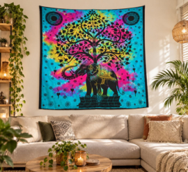 XXL wandkleed Levensboom & Olifant kleurrijk boho mandaladoek 210x215