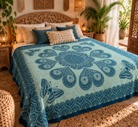 Mandala doek met vlinders – Mintgroen petrolblauw – 220 x 200 cm