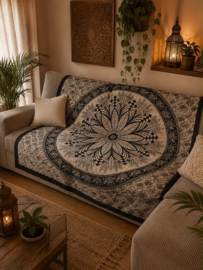 Zwart/Beige Mandala Doek/Sprei 210x240 - Lotus & Wijsheid