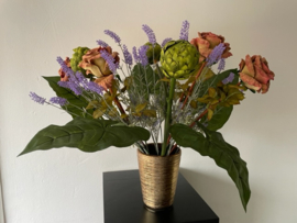 Kunstbloemen boeket, mix oud roze rozen, lavendel en artisjokken