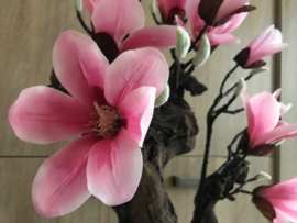 Magnoliaboom op stam van hout, roze kunstbloemen/magnolia
