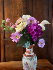 Kunstbloemen boeket mix paars, groen, creme, tafeldecoratie