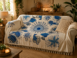 Dik Mandala Plaid Wit/Blauw - Luxe Sprei met Franjes