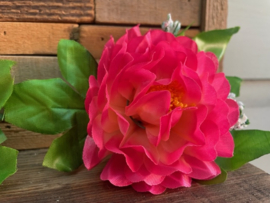 Kunstbloemen roze pioenrozen met blad en plukjes gipskruid