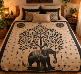 Groot mandala doek/kleed 210x215 cm levensboom met olifant