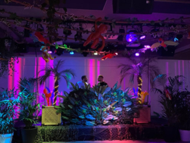 Jungle party DJ stage, gemaakt met verschillende soorten kunstbladeren/takken