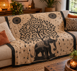 Groot mandala doek/kleed 210x215 cm levensboom met olifant
