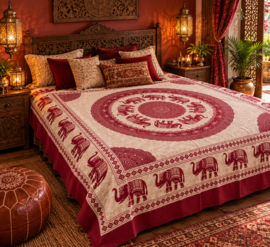 Mandala doek met olifanten – Bordeauxrood crème – Indiaas wandkleed