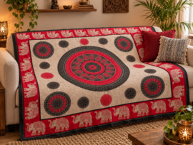 XXL Mandala Doek met Olifanten | Rood Zwart Boho Wandkleed 210x240