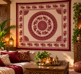 Mandala doek met olifanten – Bordeauxrood crème – Indiaas wandkleed
