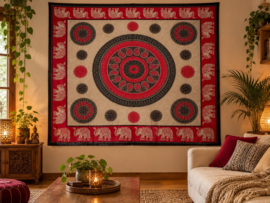 XXL Mandala Doek met Olifanten | Rood Zwart Boho Wandkleed 210x240