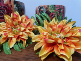 Kunstbloemen dahlia gevlamd oranje, diameter 15 cm