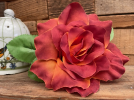 Kunstbloemen rozen rood met oranje tinten, diameter 11 cm