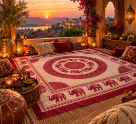 Mandala doek met olifanten – Bordeauxrood crème – Indiaas wandkleed