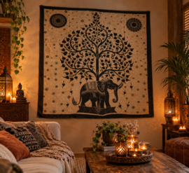 Groot mandala doek/kleed 210x215 cm levensboom met olifant