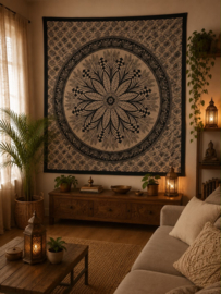 Zwart/Beige Mandala Doek/Sprei 210x240 - Lotus & Wijsheid