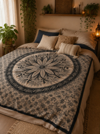 Zwart/Beige Mandala Doek/Sprei 210x240 - Lotus & Wijsheid