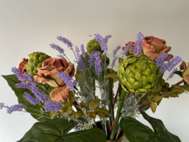 Kunstbloemen boeket, mix oud roze rozen, lavendel en artisjokken