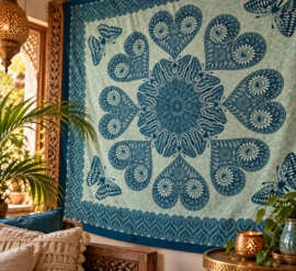 Mandala doek met vlinders – Mintgroen petrolblauw – 220 x 200 cm