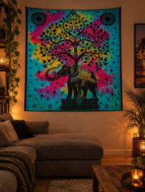 XXL wandkleed Levensboom & Olifant kleurrijk boho mandaladoek 210x215