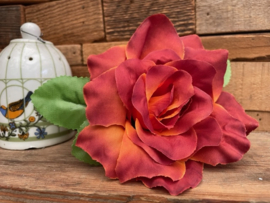 Kunstbloemen rozen rood met oranje tinten, diameter 11 cm