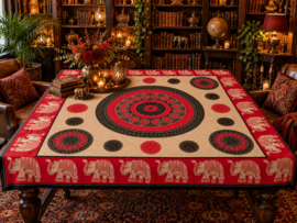 XXL Mandala Doek met Olifanten | Rood Zwart Boho Wandkleed 210x215