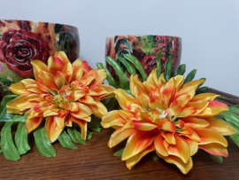 Kunstbloemen dahlia gevlamd oranje, diameter 15 cm