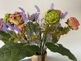 Kunstbloemen boeket, mix oud roze rozen, lavendel en artisjokken