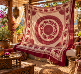 Mandala doek met olifanten – Bordeauxrood crème – Indiaas wandkleed