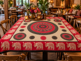 XXL Mandala Doek met Olifanten | Rood Zwart Boho Wandkleed 210x215