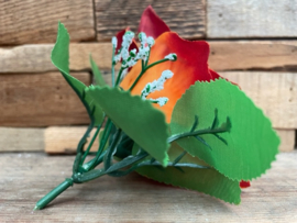 Kunstbloemen rozen rood met oranje tinten, diameter 11 cm