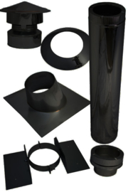 Complete dakdoorvoer houtkachel set 150 mm voor schuin dak bitumen ZWART