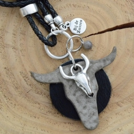 Ketting leer 'zwart' met leren hanger bull