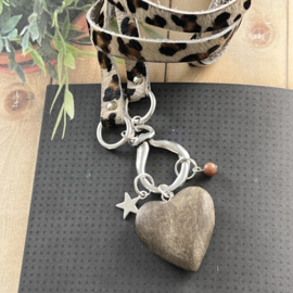 Ketting plat leer 'print' met houten hart