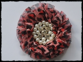 XL-bloem - luxe chiffon met parels en strassteentjes, luipaard roze - 9 cm.