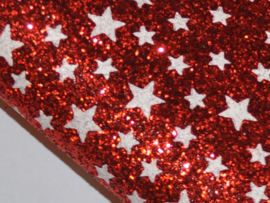 Lapje leer met glitter, rood met sterretjes - 20 x 22 cm.