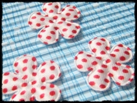 Satijnen bloemetjes, wit polkadot (rode stipjes) - 4 stuks - 25mm