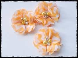 XL-bloem - chiffon met strass en parel, oranje streep - 5 cm.