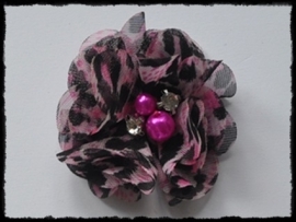 XL-bloem - chiffon met strass en parel, luipaard roze - 5 cm
