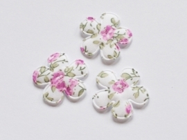 Katoenen bloemetjes, wit met lila roosjes - 4 stuks - 25mm.